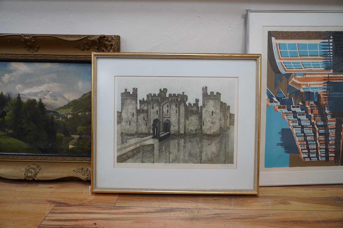 Valerie Thornton (1931-1991), etching and aquatint, 'Bodiam Castle, 1977', signed and titled in pencil, 187/250, 36 x 49cm. Condition - good